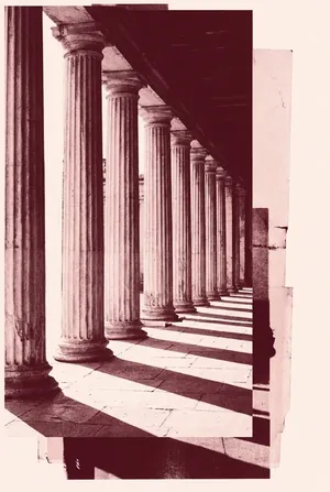 Row of classical columns in hard light, burgundy tones