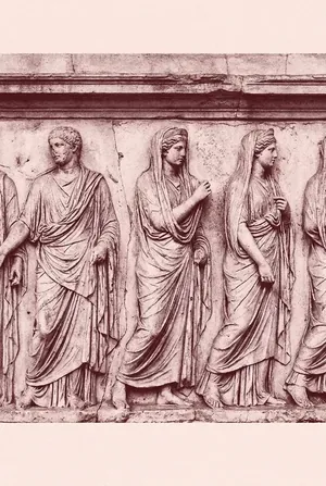 Stone relief of draped figures, burgundy tones